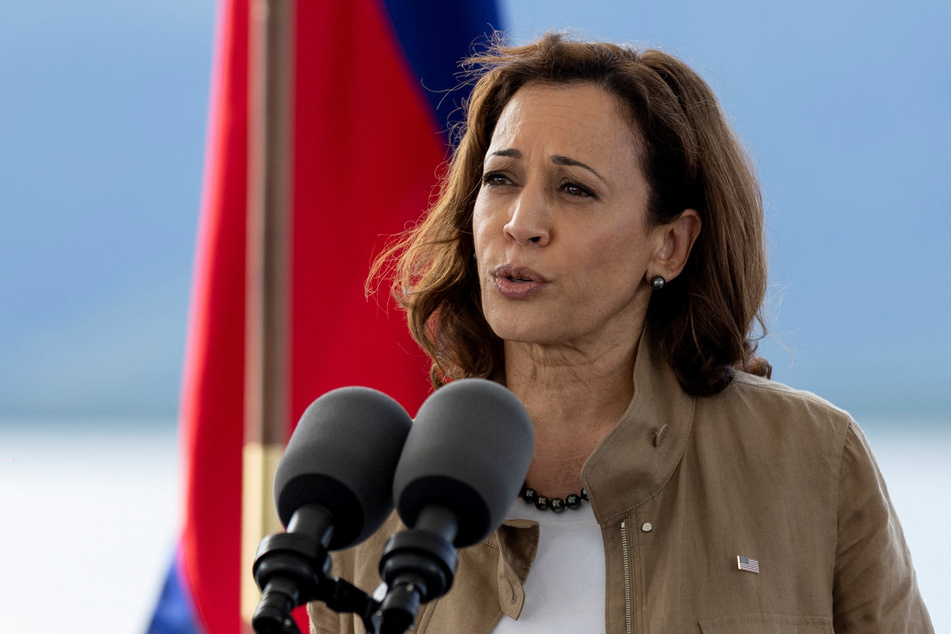 US Vice President Kamala Harris delivers remarks onboard the Philippines Coast Guard Ship BRP Teresa Magbanua, docked in Puerto Princesa, Palawan, Philippines.