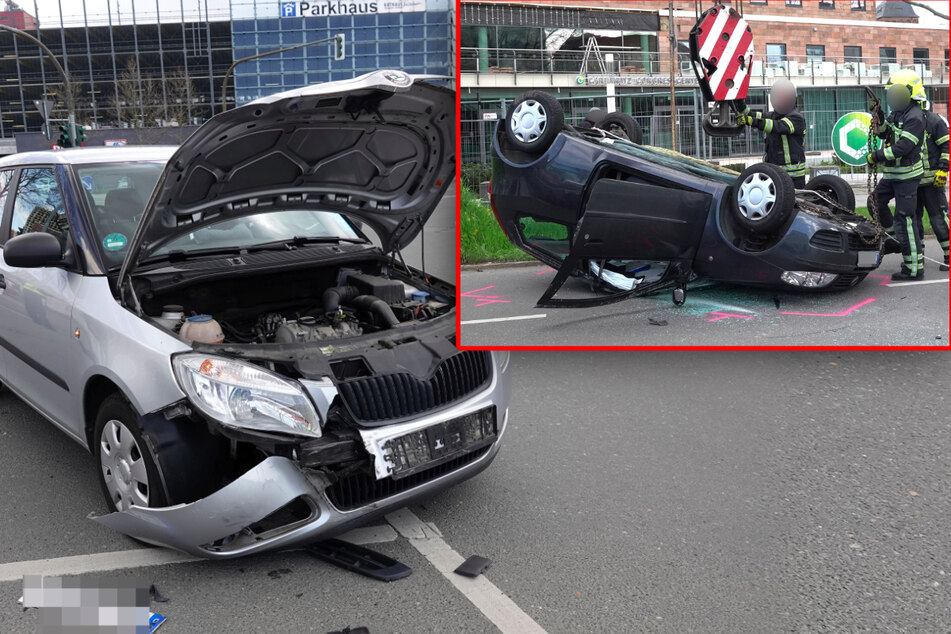 Heftiger Kreuzungs-Crash in Chemnitzer City: Fiat landet auf dem Dach