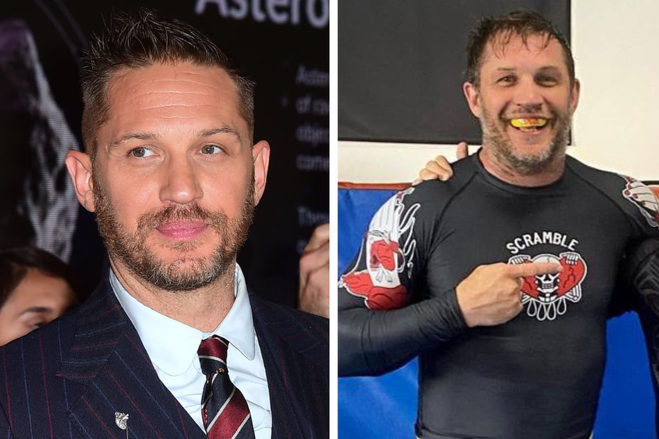 Tom Hardy on the mat (r.) and at the premier of Marvel's Venom (l.).