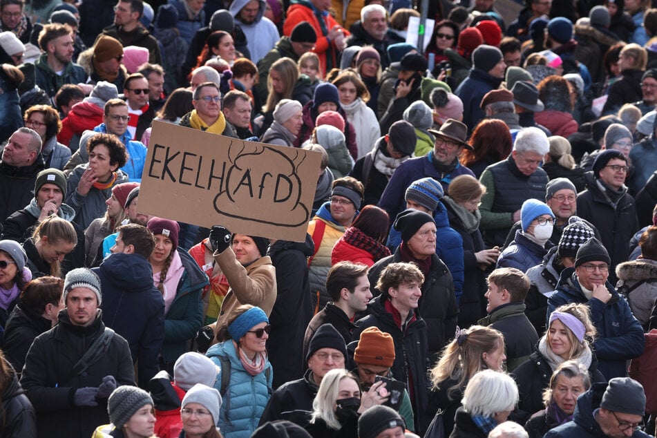 Ein Demonstrant hält in München ein Schild mit der Aufschrift "EKELH(AFD)".