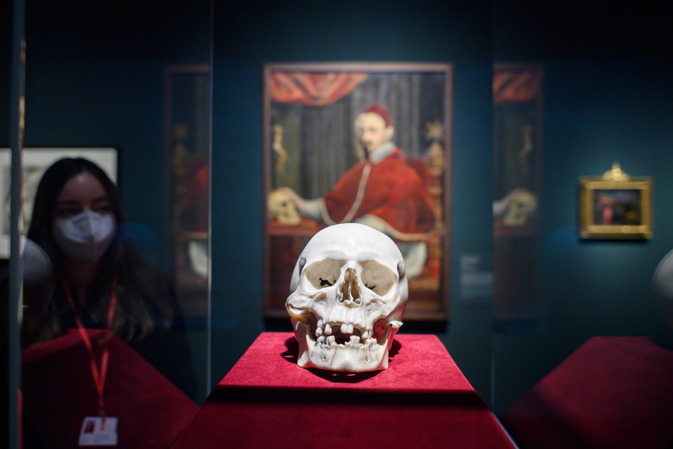 Eine Mitarbeiterin der Staatlichen Kunstsammlungen Dresden betrachtet in der Sonderausstellung "Bernini, der Papst und der Tod" im Semperbau das Meisterwerk des Bildhauer Gian Lorenzo Bernini (1598-1860): einen Totenkopf aus weißem Carrara-Marmor.