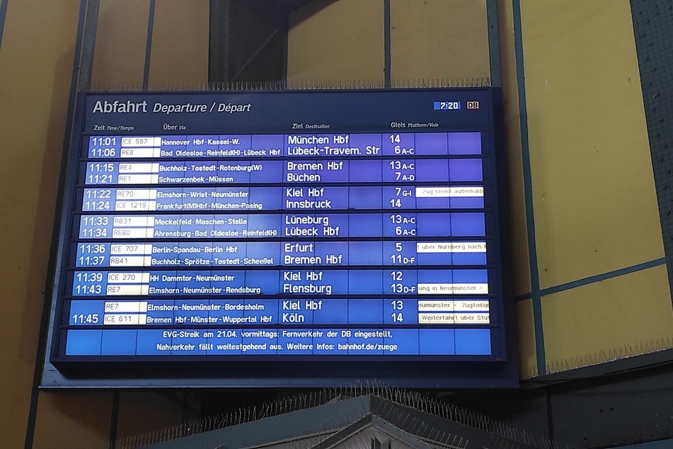 Kein "Zug entfällt", doch der erste Blick trügt: Die angeschlagenen Verbindungen auf einer der Anzeigetafeln im Hamburger Hauptbahnhof liegen um 7.20 Uhr noch in weiter Ferne.