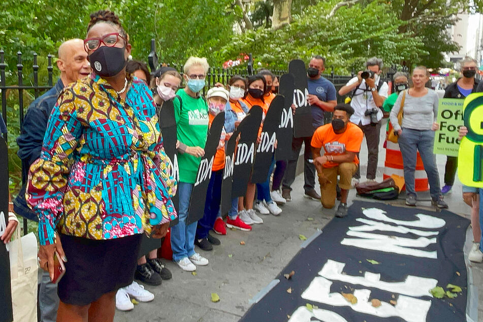 Alicka Amprey-Samuel speaks at a climate change protest at New York City Hall held in memoriam for lives lost during Hurricane Ida.