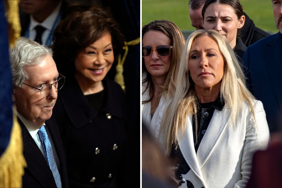 Amid revelations about Senator Mitch McConnell's (l) health, former Congresswoman Marjorie Taylor Greene (r) wildly claimed his wife Elaine Chow (c) is a communist spy.