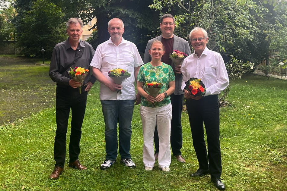 Das Führungsteam im neuen BSW-Kreisverband in Dresden (v.l.): Holger Bohms, Wolfhard Hack, Evelina Geißler, Martin Jachmann und der Vorsitzende, Andreas Uhlig.