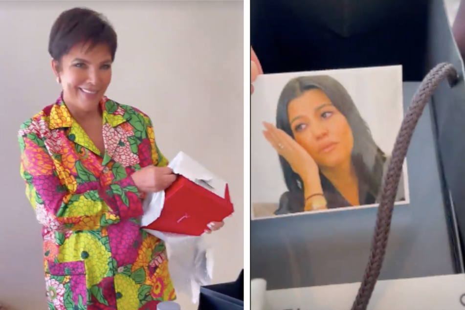 Kim shared photos of Kris Jenner on Sunday (l.) and her joke gift tags to her daughters.