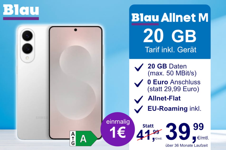 Das Samsung Galaxy S25 Edge im Blau Allnet M für einmalig 1 Euro.