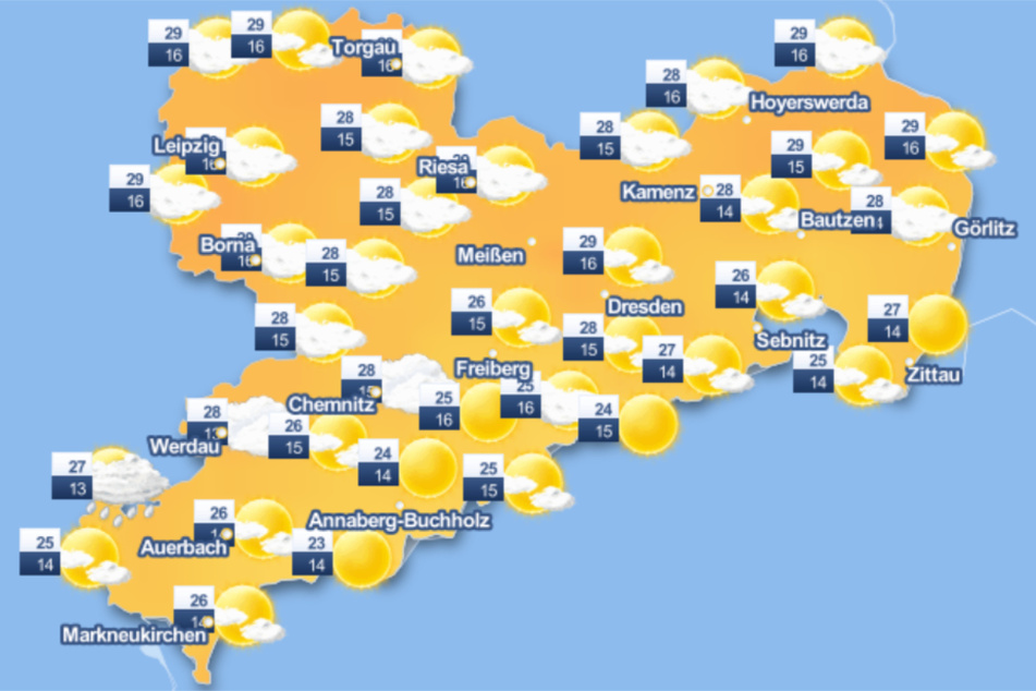 Fast überall in Sachsen scheint die Sonne von einem wolkenlosen Himmel, es werden um die 30 Grad erwartet.