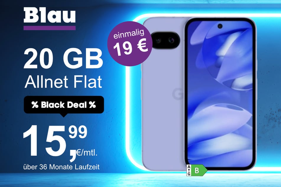 Das Google Pixel 9a im Blau Allnet M für einmalig 19 Euro.