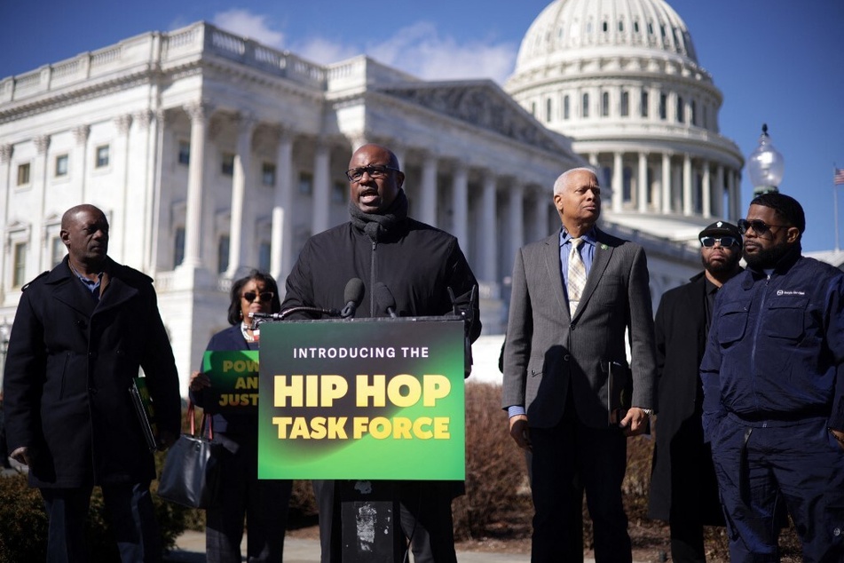 Congressman Jamaal Bowman launches the Hip Hop Power and Justice Task Force outside the US Capitol on February 14, 2024.