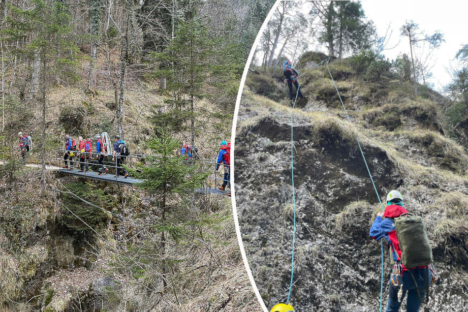 Die Bergretter stiegen zu Fuß zur Unfallstelle und seilten sich dann zum Patienten ab.