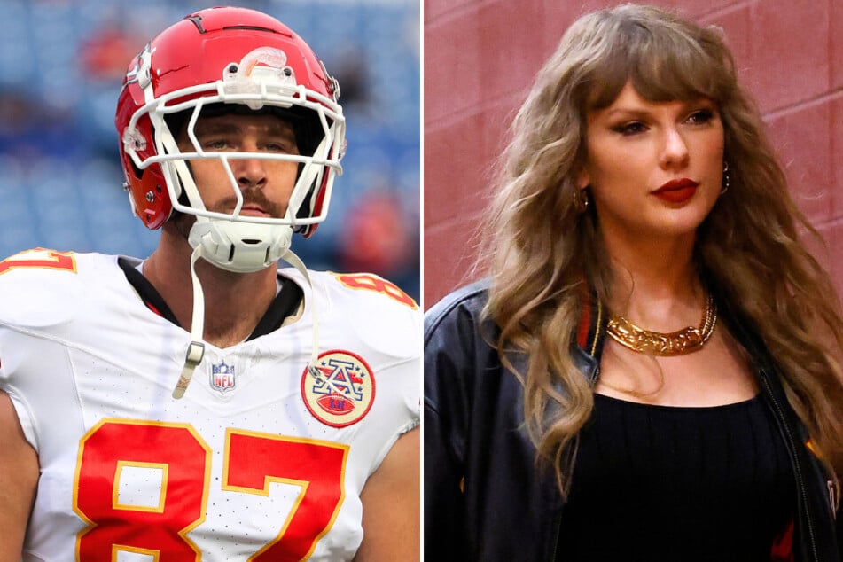 Taylor Swift (r.) wasn't in attendance at her boyfriend Travis Kelce's (l.) recent Kansas City Chiefs game against the Buffalo Bills.