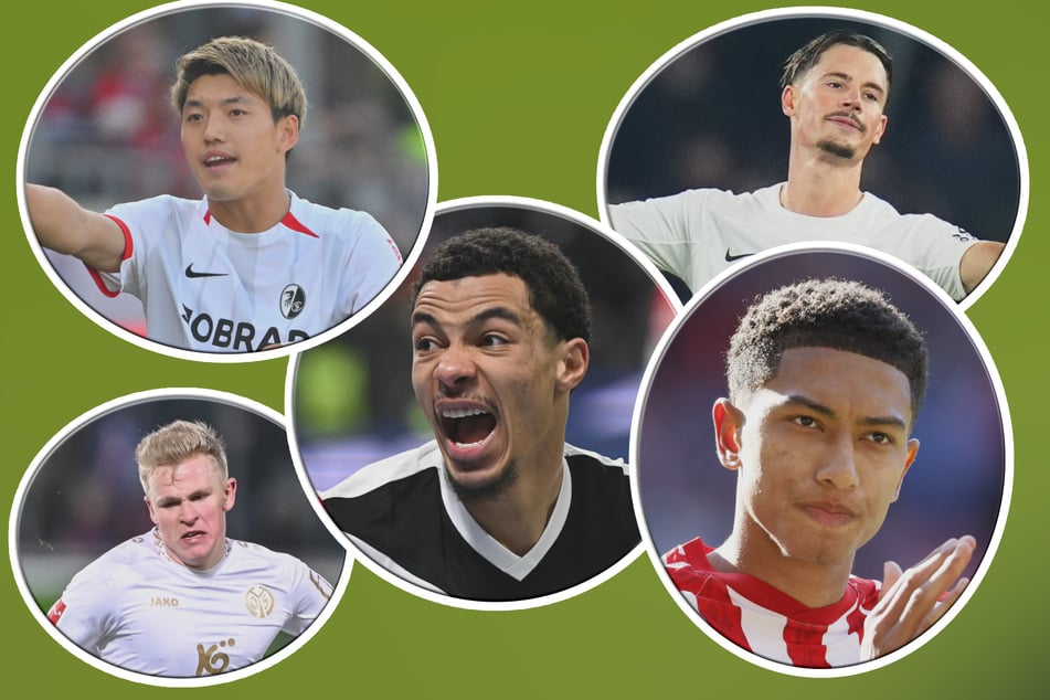 Nur einige der Protagonisten im kommenden Transfer-Sommer der SGE: Ritsu Doan (26, o.l.), Jonathan Burkardt (24, u.l.), Hugo Ekitiké (22, M.), Robin Koch (28, o.r.) und Jobe Bellingham (19).