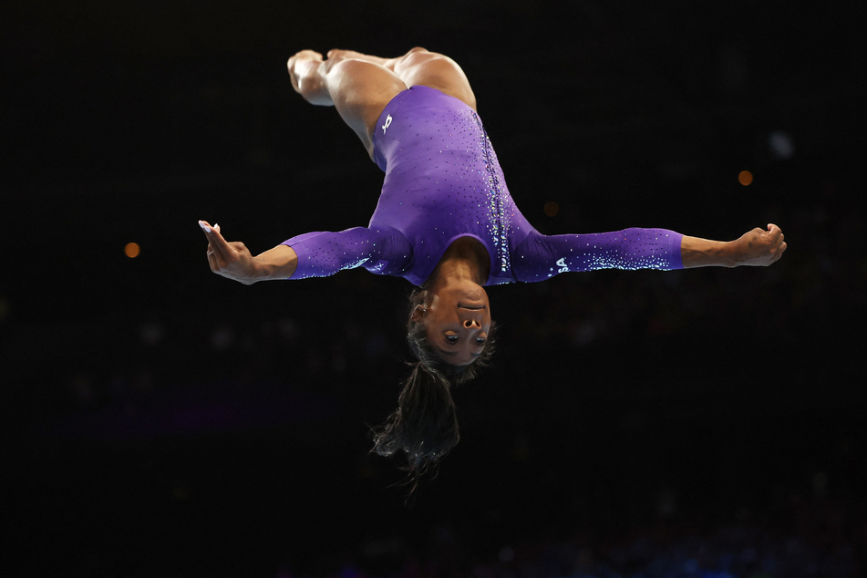Simone Biles of the United States in action on the floor during the World Gymnastics Championships in Antwerp, Belgium.