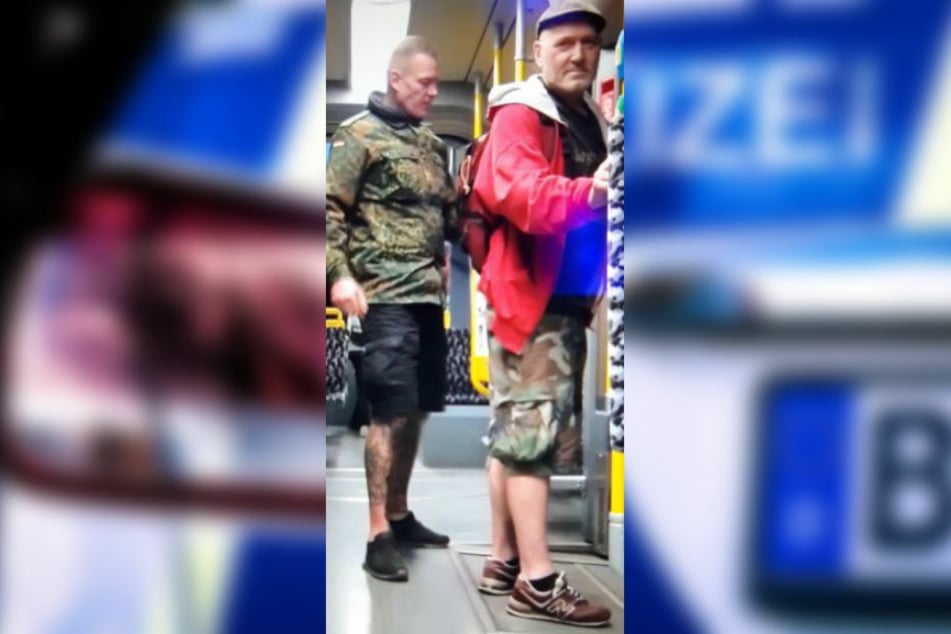Mit dem Foto aus einer Überwachungskamera sucht die Polizei Berlin nach zwei Männern, die am 6. Juni 2020 einen Mann rassistisch beleidigt und einen Zeugen der Tat verprügelt haben sollen.
