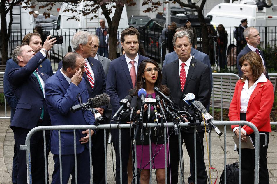 Rep. Lauren Boebert (c.) speaking during a press conference outside of Manhattan Criminal Court during Donald Trump's hush money trial in New York City on May 16, 2024.