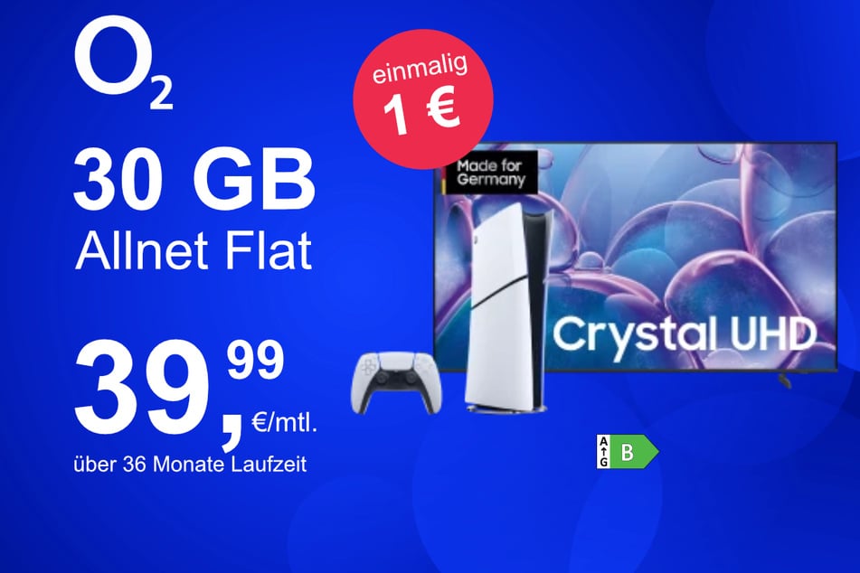 Der 65-Zoll Samsung TV (GU65U7079FUXZG) + PS5 Digital-Edition im o2 Mobile M für einmalig nur 1 Euro.