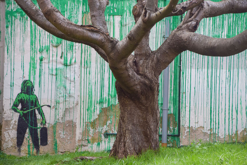 Das Gemälde an einer Londoner Hauswand erweckt den Anschein als würde der kahle Baum Blätter tragen.