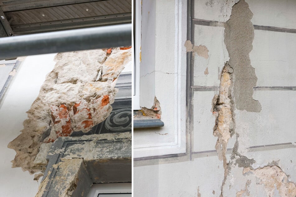 Massive Schäden an der Fassade (rechts) und den antiken Voluten (links).
