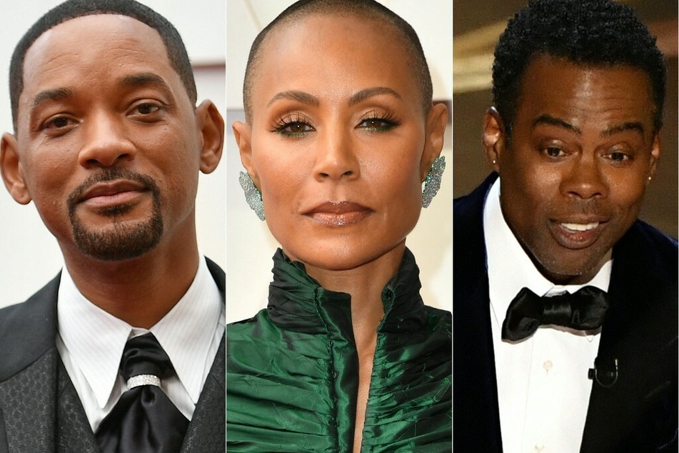 Will (l) has had a fall from grace after assaulting Rock (r) on stage at the 2022 Oscars over a joke regarding his wife, Jada Pinkett-Smith (c).