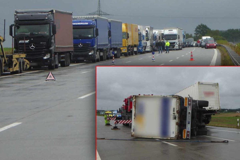 Unfall A4: A4 stundenlang dicht! Umgekippter Laster liegt quer auf der Autobahn