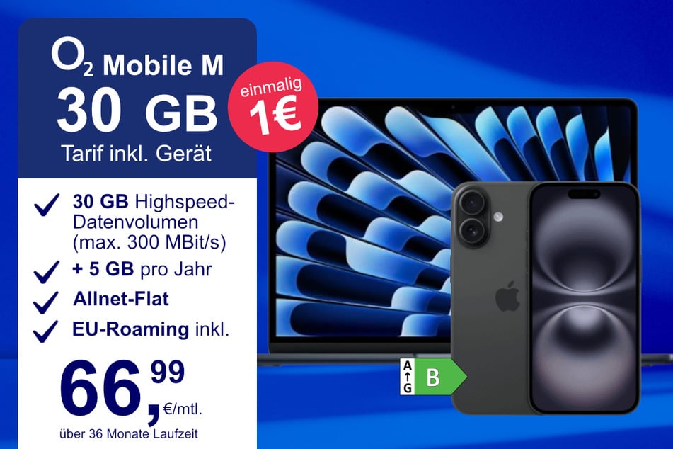 Das iPhone 16 + MacBook Air im o2 Mobile M für einmalig 1 Euro.
