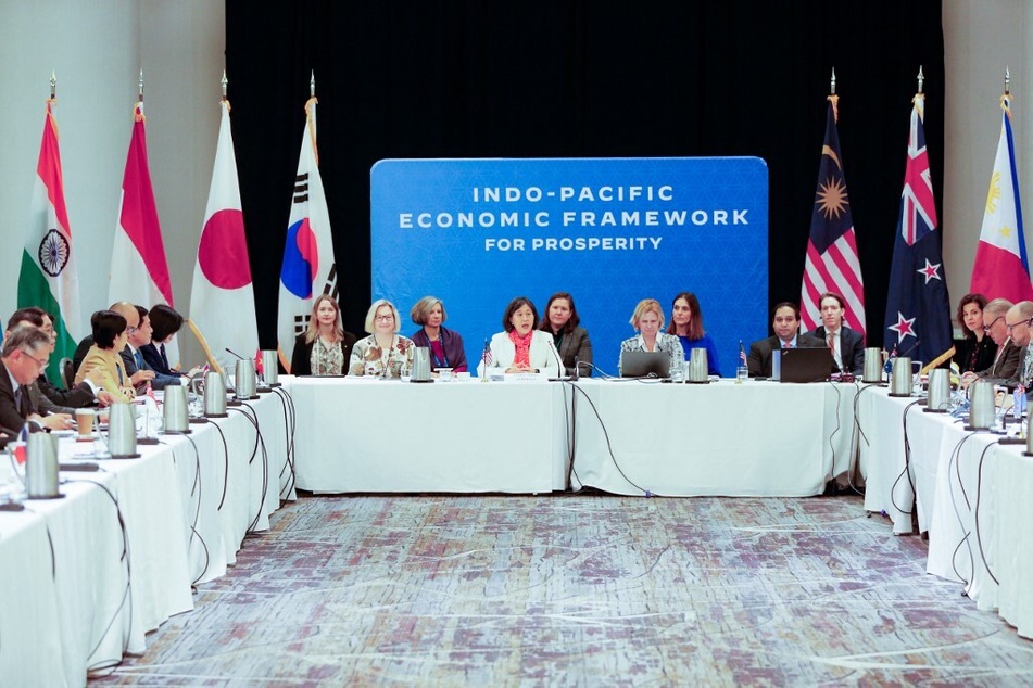 United States Trade Representative Katherine Tai (c.) hosts ministers from the Indo-Pacific Economic Framework for Prosperity economies during the Asia-Pacific Economic Cooperation leaders' week in San Francisco, California, on November 13, 2023.