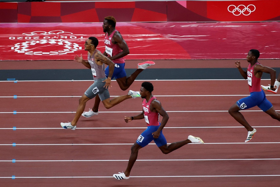 Canada's Andre De Grasse and Americans Kenny Bednarek, Noah Lyles, and Erriyon Knighton (from l. to r.) competed in the men's 200-meter final.