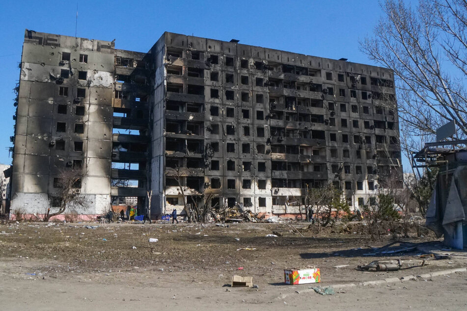 A residential building destroyed by shelling was seen in Mariupol.