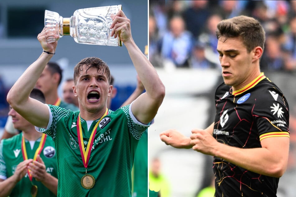 David Otto (24, l.) gewann mit dem SV Sandhausen den Landespokal, Marcel Beifus (20) fasst beim Karlsruher SC Fuß.