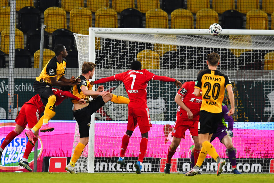 Still accurate: striker Christoph Daferner (3rd from left) heads to Dynamo early 1-0 lead.