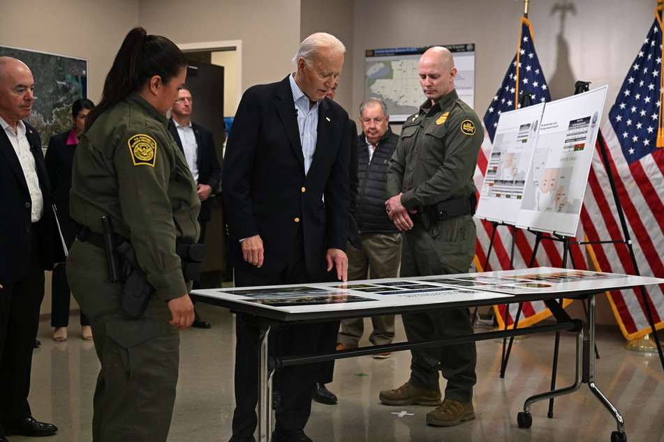 President Joe Biden receives an operational briefing from border patrol agents as he visits the US-Mexico border in Brownsville, Texas on Thursday.