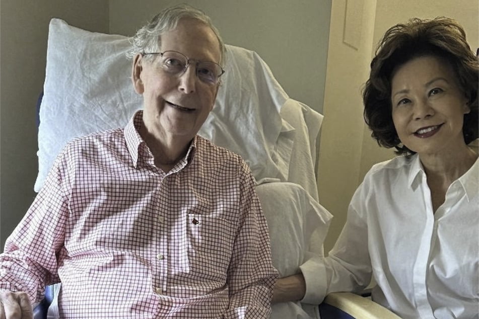 Senator Mitch McConnell sits with his wife, Elaine Chao, in a photograph released by his office on July 12, 2026.