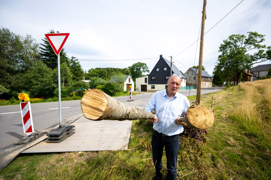 Anwohner Detlev Müller (59) zeigt die Stämme von jungen Bäumen, die ohne Genehmigung gefällt wurden.