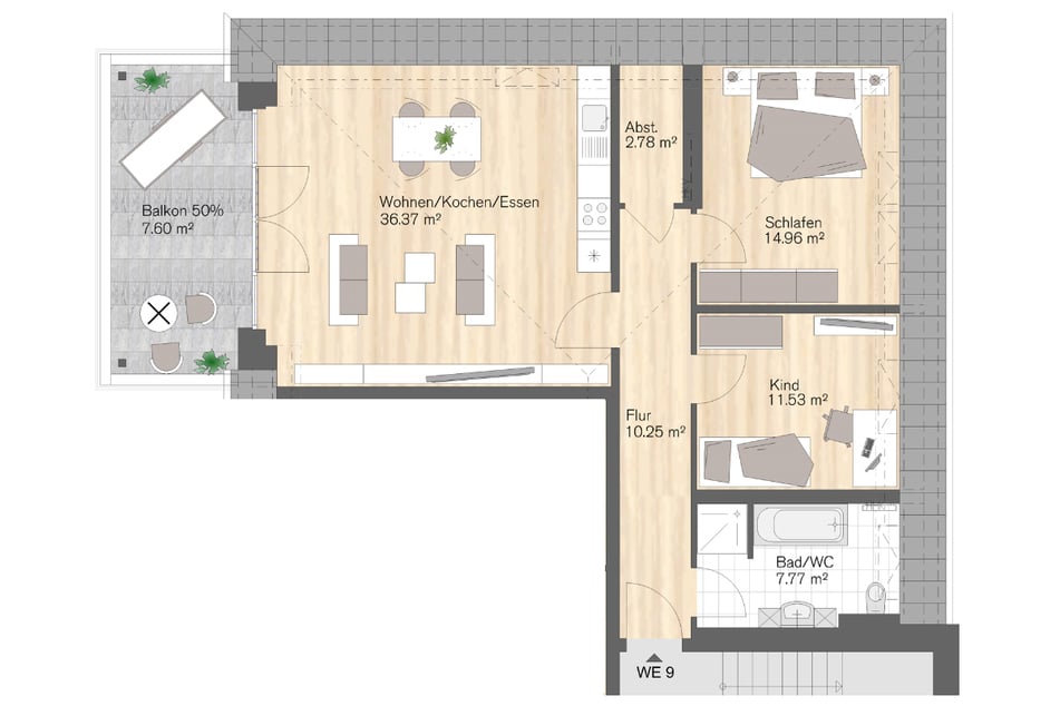 Wohneinheit 9: 3-Raum-Wohnung mit Balkon, 91 m² Wohnfläche
