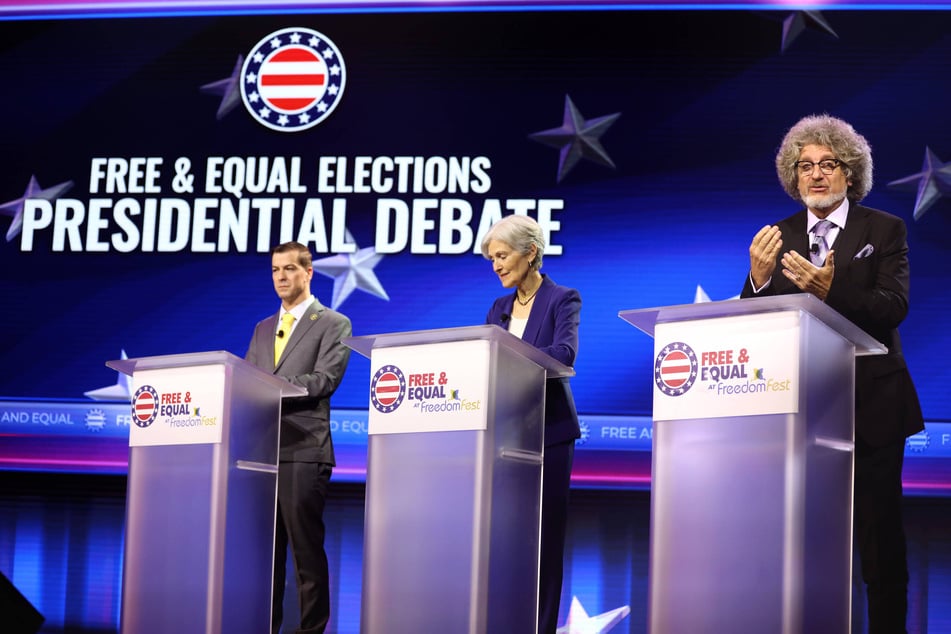 From l. to r.: Presidential candidates Chase Oliver (Libertarian Party), Dr. Jill Stein (Green Party), and Randall Terry (Constitution Party) are set to debate on October 23, 2024.