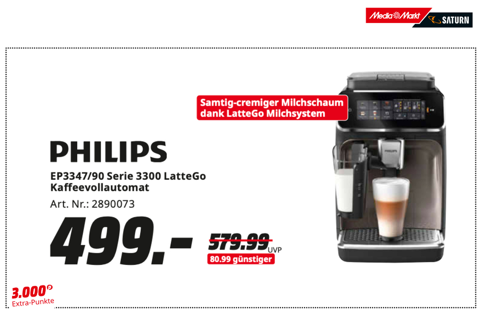 Philips-Kaffeevollautomat für 499 statt 579,99 Euro.