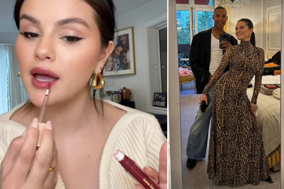 Selena Gomez (l.) shared an Instagram Story of her in a stunning leopard dress on Sunday right before heading to the PSG soccer match in Paris, France.