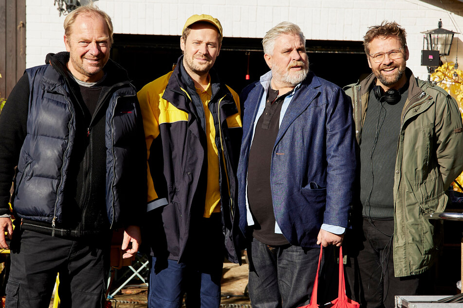 Das Team von "Harter Brocken" (v.l.): Mathias Neumann (Kamera), Jakob Benkhofer (Rolle Heiner Kelzenberg), Aljoscha Stadelmann (Rolle Frank Koops) und Hanno Olderdissen (Regie).