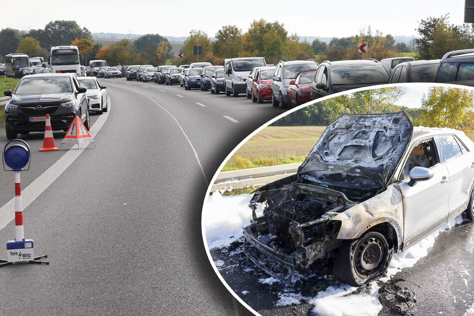 Unfall A4: Stau auf der A4 vor Dresden: Brennendes Auto legt Verkehr lahm