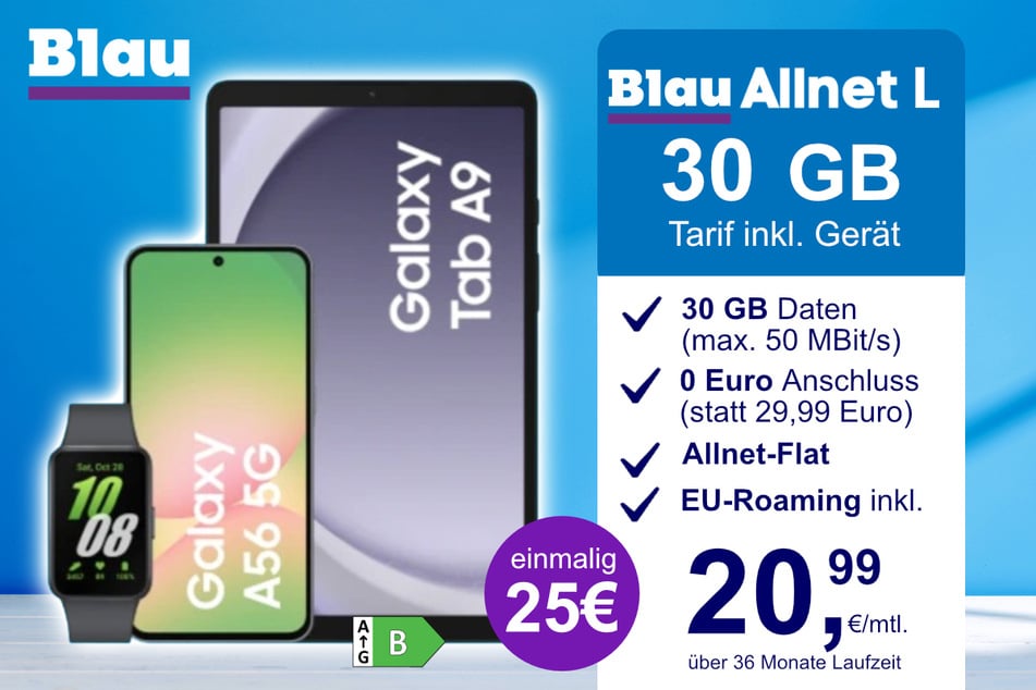 Das Samsung Galaxy A56 + Tab A9 und Fit 3 im Blau Allnet L für einmalig 25 Euro.