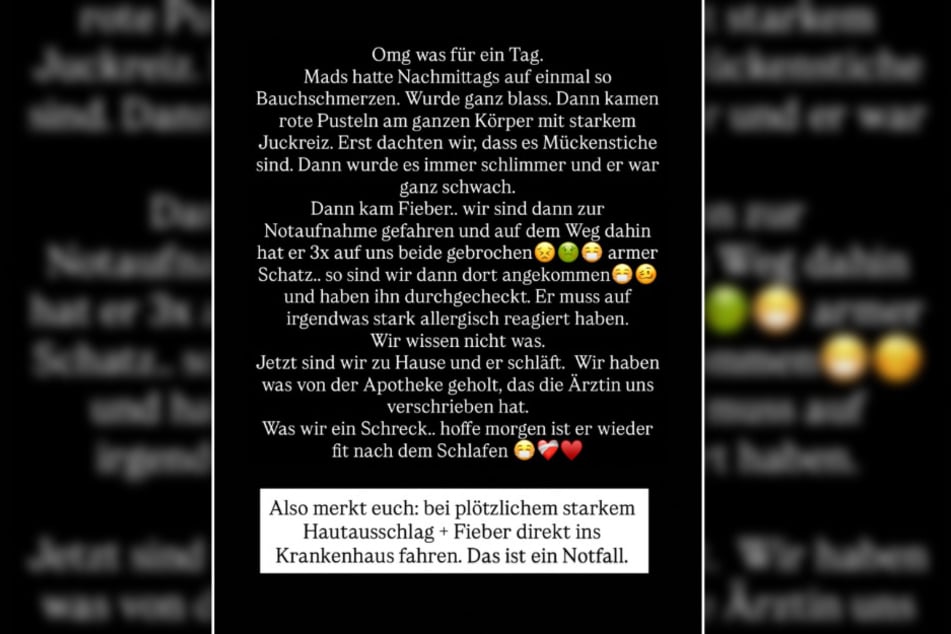 Mads (3) habe plötzlich heftigen Ausschlag bekommen, sei blass geworden und hätte sich mehrfach übergeben.