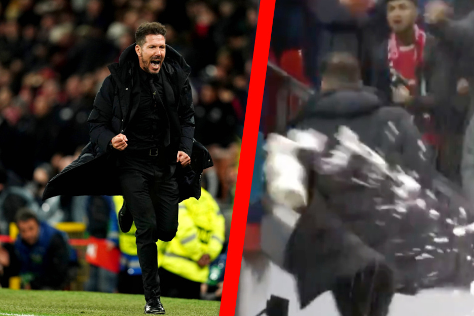 Diego Simeone (51) nahm nach dem Schlusspfiff seine Beine in die Hand, wurde dann mit Getränken beworfen.