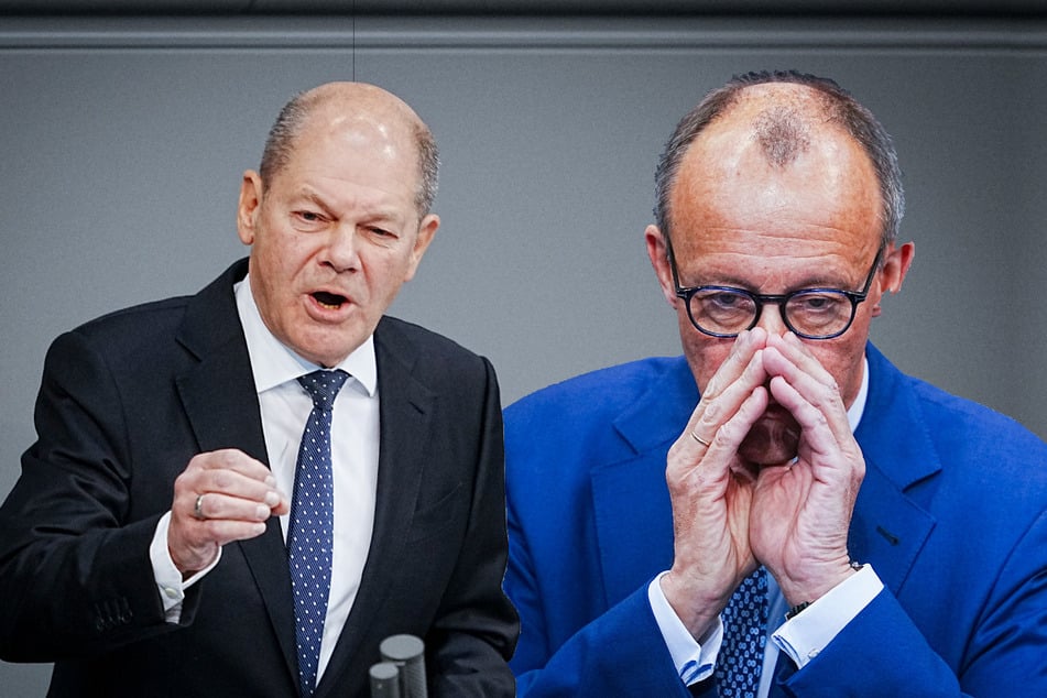 Bundeskanzler Olaf Scholz (64, SPD, l.) und CDU-Chef Friedrich Merz (66) im direkten Duell.