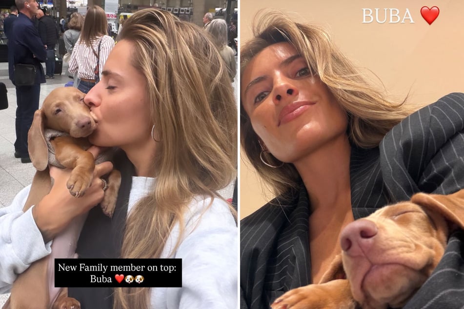 Auf dem Weg zu Alexander Zverev (29) nahm Sophia Thomalla (36) den 15 Wochen alten Dackelwelpen Buba mit.
