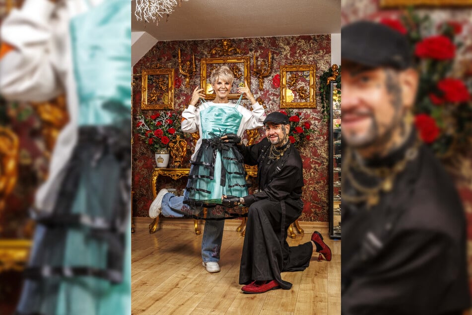 Roko Chandelier (37) probiert, wie er das Kleid von Linda Feller (60) für den Tuntenball aufpeppen kann.