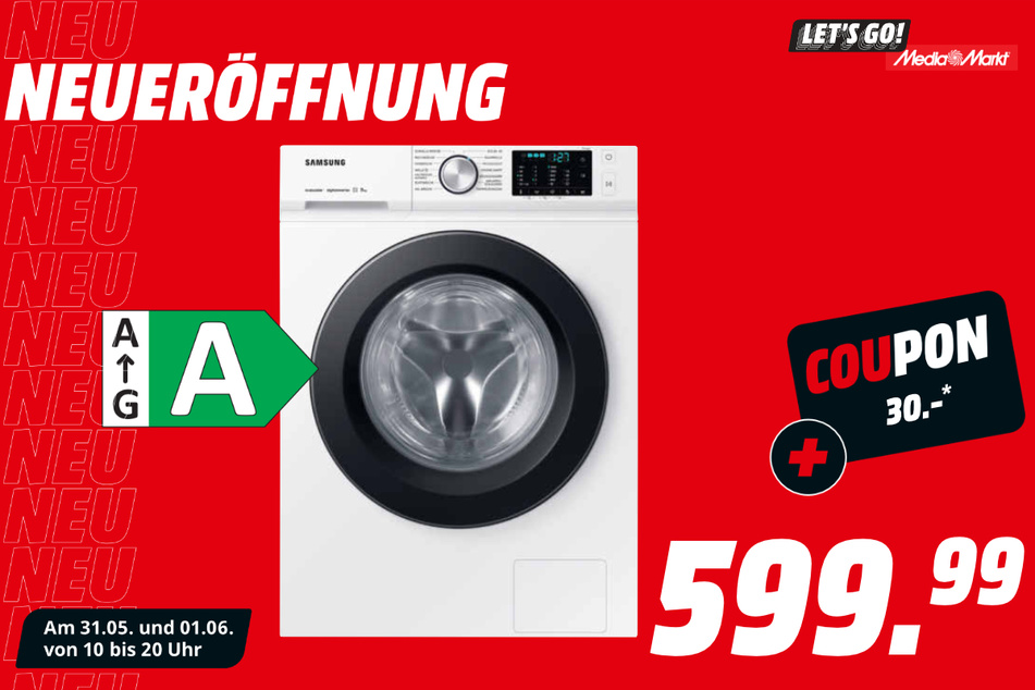 Samsung-Waschmaschine für 599,99 statt 1.199 Euro + 30-Euro-Coupon.