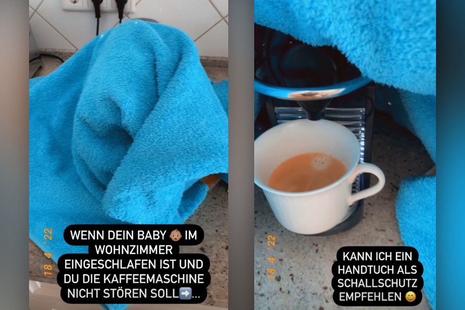Mit Handtuch gewaffnet: Gülcan Kamps verhindert, dass die Geräusche der Kaffeemaschine ihr Baby aufwecken. (Fotomontage)