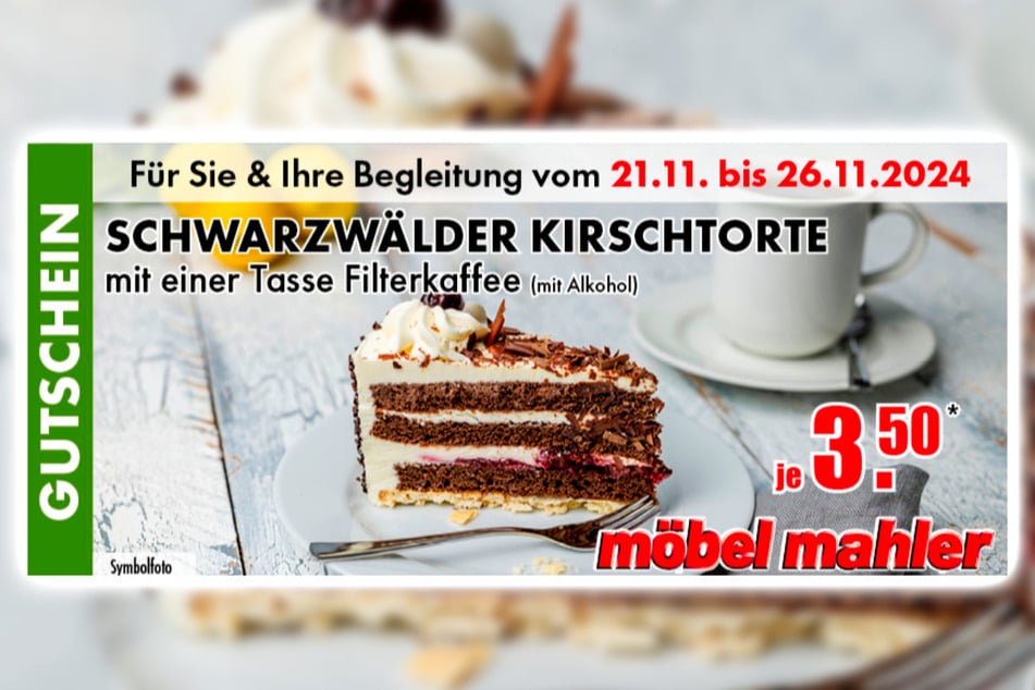 Einfach Coupon auf dem Handy an der Kasse vorzeigen, sparen und Schwarzwälder Kirschtorte genießen.