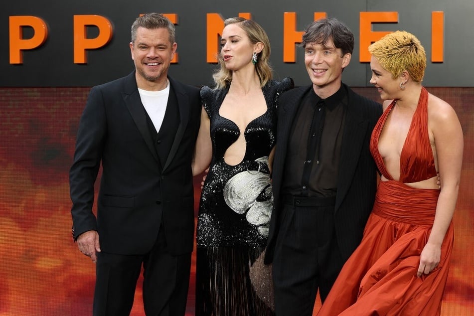 From left to right: US actor Matt Damon, British actor Emily Blunt, Irish actor Cillian Murphy, and British Actor Florence Pugh pose on the red carpet upon arrival for the UK premiere of Oppenheimer.